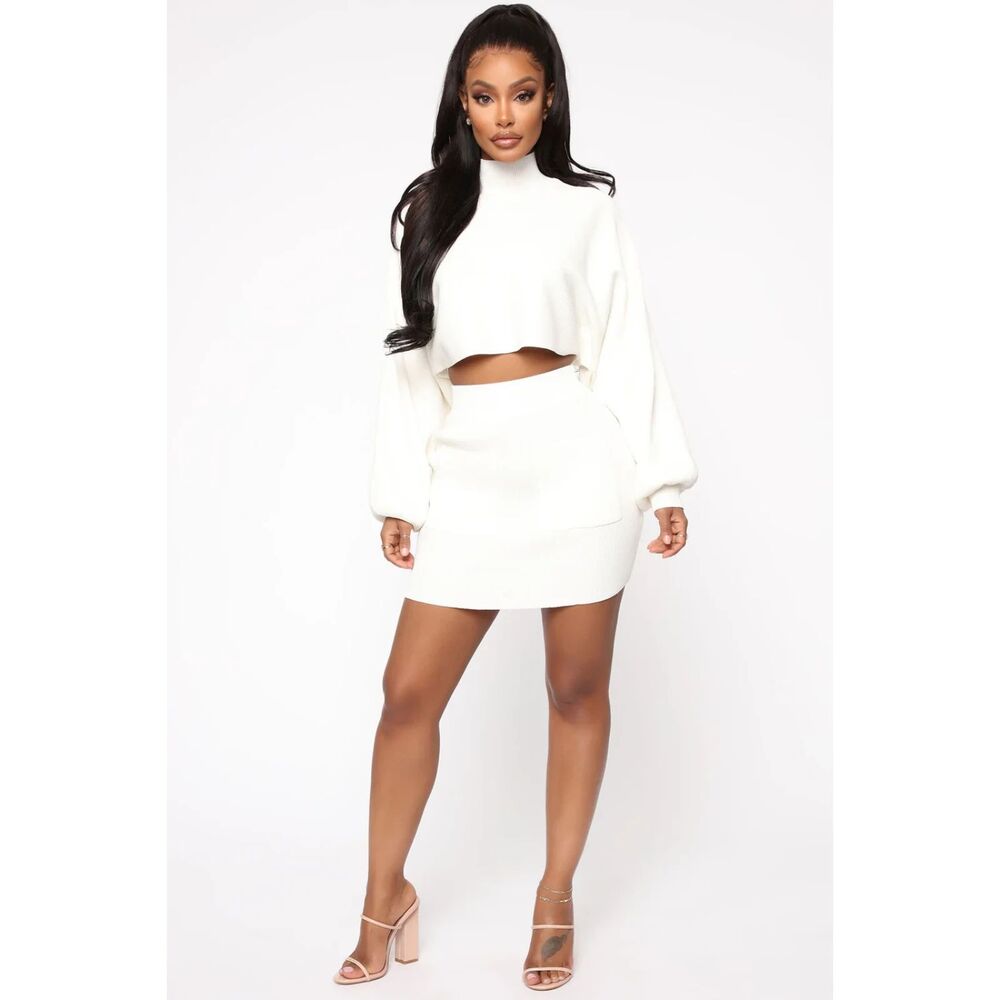 Fashionnova Camryn Sweater Knit Skirt Set Ivory Size S Classy Event Formal 90s